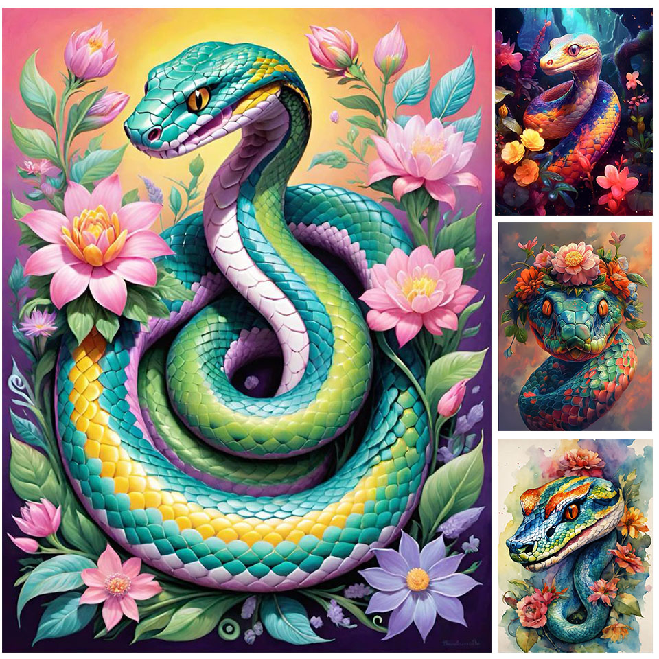 Art Craft Hobbies - 動物のダイヤモンド絵画,ヘビ,正方形のダイヤモンドモザイク,丸い花,手作りの趣味,新着,2025