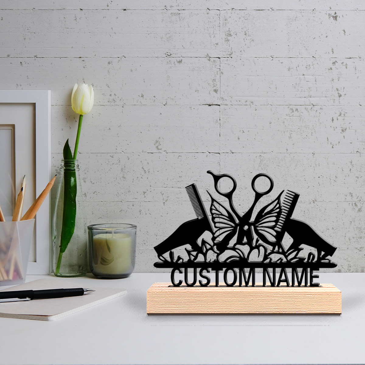Art Craft Tools - モダンなヘアカットツール 1個 カスタムテキスト入り金属製像 木製台座付き鉄製オーナメント アートクラフト 子供向けギフト