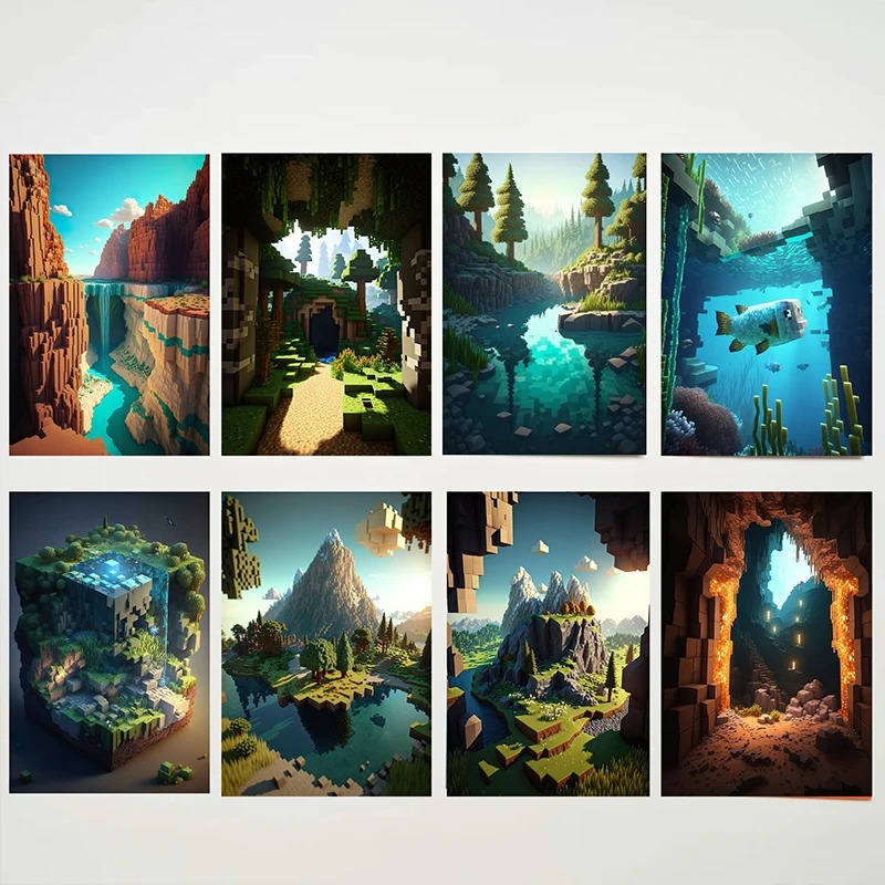 Art Craft Game - M-Minecraft ポスター鉱山ゲームピクセルクラフト風景アートキャンバス絵画プリントリビングルームゲームルームモダンな壁アート家の装飾