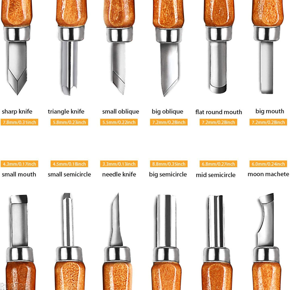 Art Craft Tools - 12個入りSK2木工彫刻ツールセット、木製ハンドル付きアートナイフ、バッグと砥石付き、DIYクラフト作成用HRC62